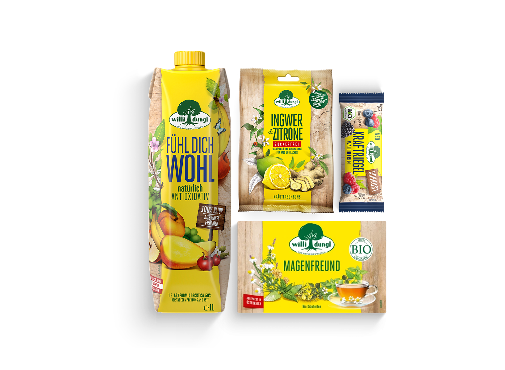 Vier Wild Dang-Produkte mit gelbgrünen Etiketten, Bildern natürlicher Inhaltsstoffe und Holzhintergrunddesigns werden angezeigt.