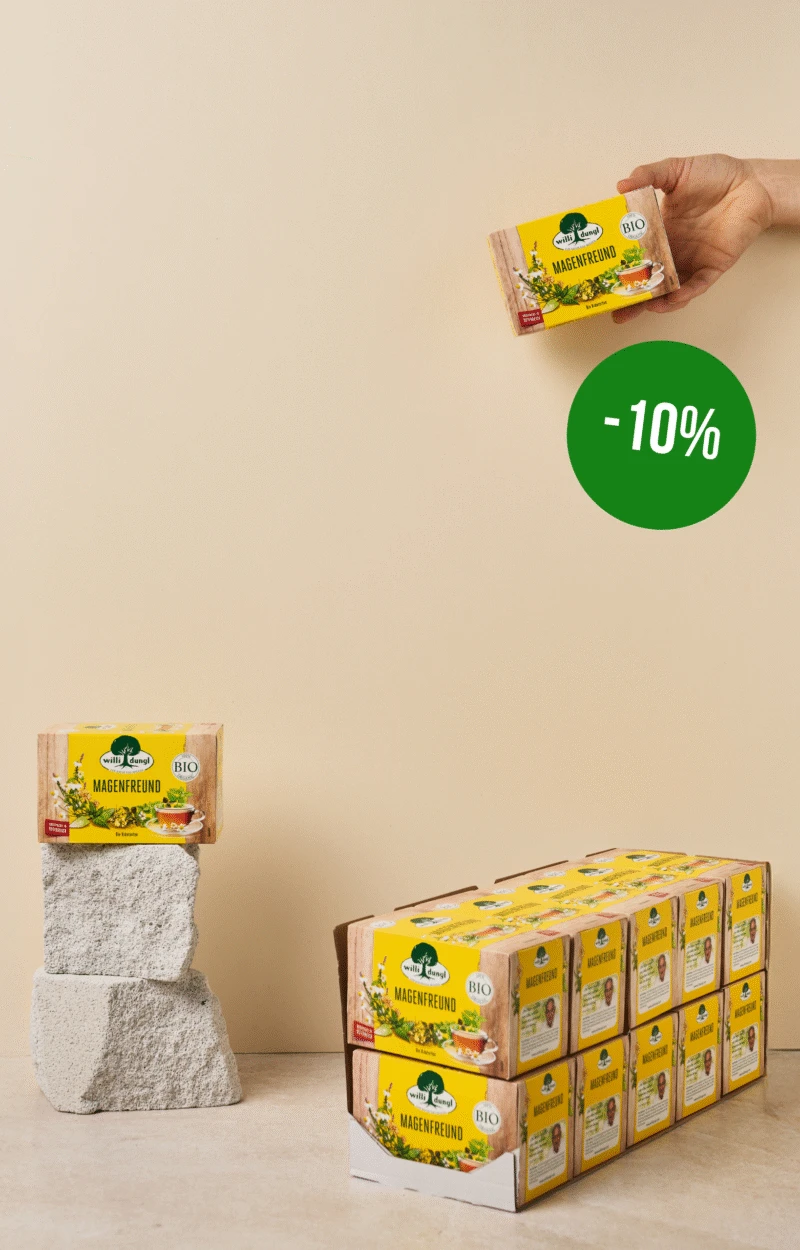 Reduzierte Kräuterteebox auf Steinblock; offene Box mit weiteren Teeboxen; grünes „-10%“-Etikett.