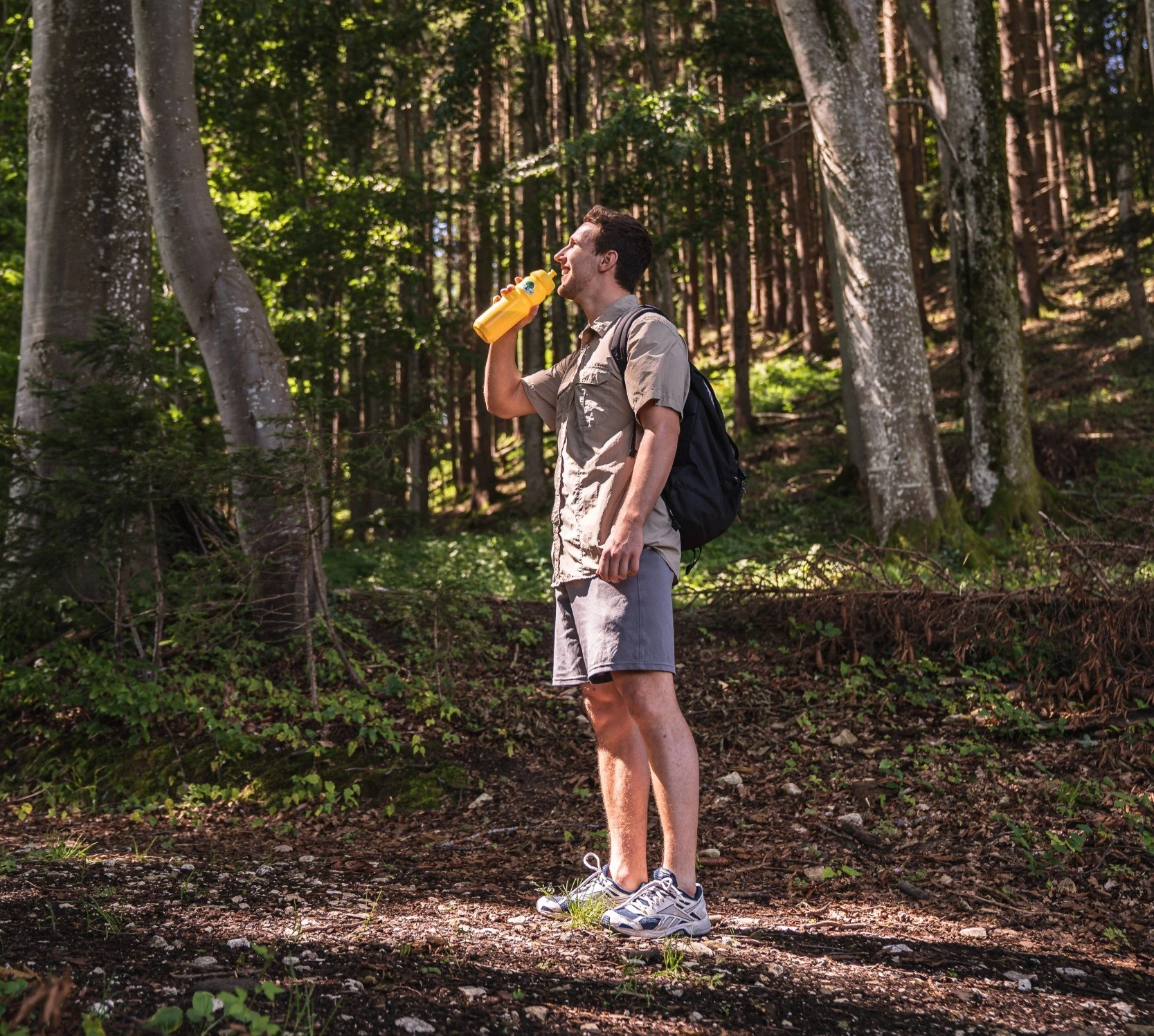 Mann in Outdoor-Kleidung trinkt aus gelber Flasche in sonnenbeschienenem Wald, umgeben von hohen Bäumen.