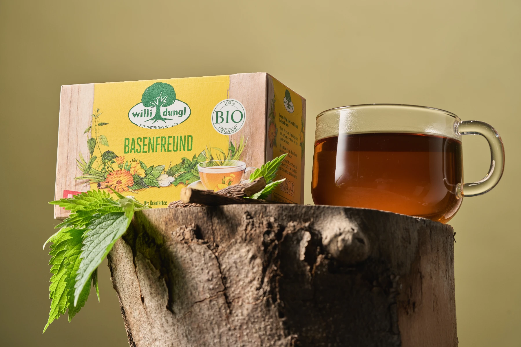 Eine Tasse Tee aus Glas und eine Schachtel Basenfreund BIO stehen auf einem Baumstumpf, daneben frische Minzblätter, vor einem schlichten beigen Hintergrund.