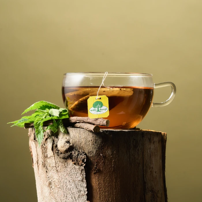 Eine klare Glastasse Tee mit einem Willi Dungl Mix & Match-Teebeutel mit der Aufschrift „Vally Land“ steht auf einem Baumstumpf neben frischen grünen Blättern und einer Zimtstange vor einem schlichten beigen Hintergrund.